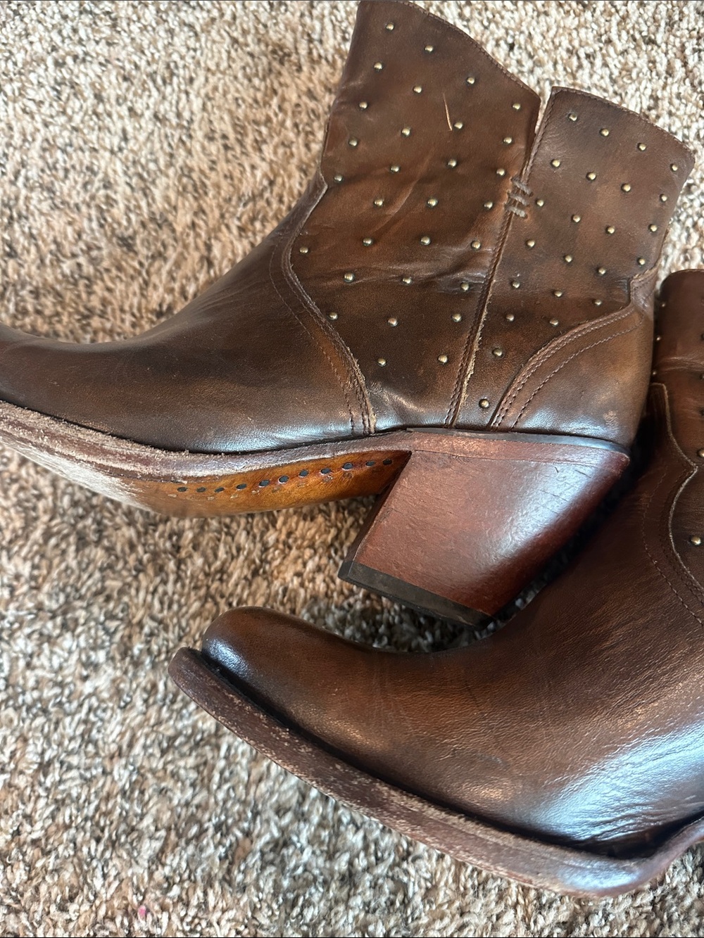 Lucchese Brown Studded Leather Western Ankle Booties - Picture 9 of 16